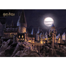 Ein Fototapete mit Hogwarts bei Vollmond, bei dem das ikonische Schloss mysteriös vom Mond beleuchtet wird, umgeben von einem dunklen und verzaubernden nächtlichen Himmel.