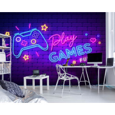 Spieltapete für Kinder mit einem neonbeleuchteten Controller und Text-Spielen im Spielzimmer.