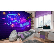 Spieltapete für Kinder und Gamer mit einem neonbeleuchteten Controller und Text-Spielen im Kinderzimmer.