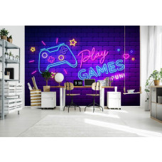 Spieltapete für Gamer mit einem neonbeleuchteten Controller und Text-Spielen im Spielzimmer