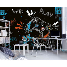 Eine verspielte Spiel-Fototapete mit Controllern und ikonischen Gaming-Details für ein Spielzimmer.