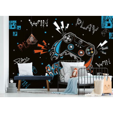 Eine lebendige Fototapete mit Gaming-Elementen von PlayStation und Nintendo, geeignet für ein Kinderzimmer oder Spielzimmer.