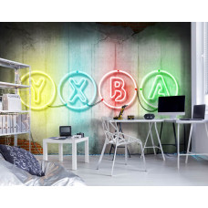 Eine Fototapete mit Neon-Xbox-Elementen auf einem coolen Beton-Look, perfekt für ein Gaming-Zimmer.