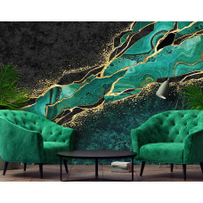 Eine raffinierte Marmor-Fototapete mit einer Kombination aus Grün und Gold, geeignet für ein Schlafzimmer.