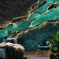 Eine grüne und goldene Marmor-Fototapete mit einem luxuriösen Look, ideal für ein Schlafzimmer.