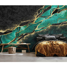Eine moderne Vliestapete mit einem luxuriösen Marmorstil in Grün und Gold, ideal für ein Wohnzimmer.