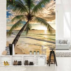Fototapete von Strand und Sonnenuntergang mit Palmen und ruhigem Meer, perfekt für das Wohnzimmer.