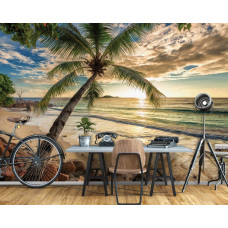 Fototapete von Sonnenuntergang mit Palme und Meer an einem Sommertag, geeignet für das Büro.