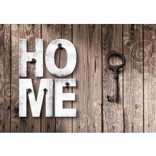 Fototapete mit Holzregalen und einem Schlüssel, industriell und rustikal.