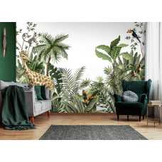 Eine Fototapete mit Safaritieren und tropischen Pflanzen in einem einladenden Wohnzimmer.