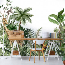 Eine Fototapete mit Safaritieren und tropischen Pflanzen, die perfekt in ein gemütliches Wohnzimmer passt.