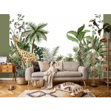 Eine Fototapete mit Safaritieren und tropischen Pflanzen in einer grünen botanischen Umgebung.