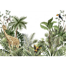 Safaritiere und botanische Pflanzen in einer tropischen Dschungelumgebung, eine Fototapete, die Abenteuer und Natur verbindet.