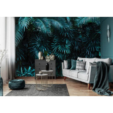 Eine Fototapete von Dschungelblättern in einem Dschungelzimmer für das Wohnzimmer.