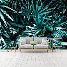 Eine Fototapete mit Dschungelblättern in einer natürlichen Umgebung für das Schlafzimmer.