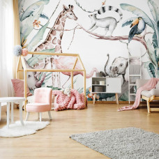 Eine Fototapete mit Dschungeltieren wie Elefanten und Affen, entworfen für ein verspieltes Kinderzimmer.