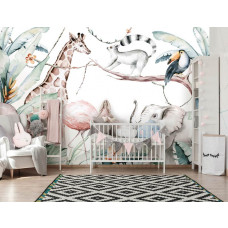 Eine Fototapete mit Dschungeltieren wie Affen und Elefanten in einem fröhlichen Kinderzimmer.