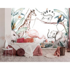 Eine Fototapete mit Dschungeltieren wie Elefanten, mit einem Elefanten an prominenter Stelle.