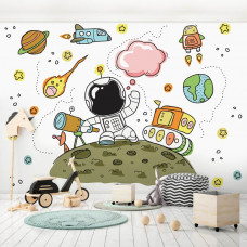 Eine Kindertapete mit einem Astronauten im Weltraumdesign, speziell für ein Babyzimmer.