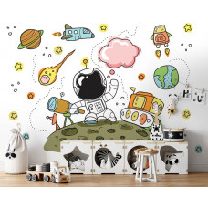 Eine Kindertapete mit einem Astronauten in einem galaktischen Thema, perfekt für ein Jungenzimmer.