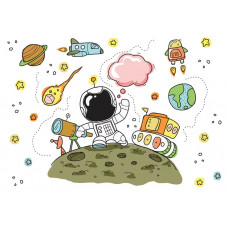 Kindertapete mit einem Astronauten im Weltraum, der zwischen den Planeten schwebt, perfekt für ein weltraumbegeistertes Kind.