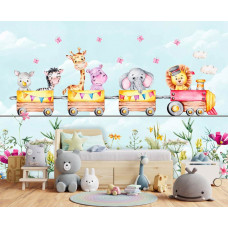 Eine Fototapete mit Tieren in einem Dampfzug durch eine tropische Umgebung, ideal für ein Babyzimmer.