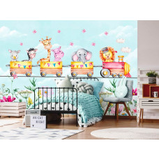 Eine Fototapete mit Tieren in einem verspielten Dampfzug durch einen grünen Dschungel, perfekt für ein Jungenzimmer.