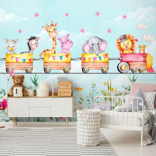 Eine Fototapete mit Tieren in einem bunten Dampfzug durch einen tropischen Dschungel, perfekt für ein Kinderzimmer.