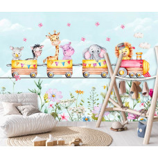 Eine Fototapete mit Tieren in einem fröhlichen Dampfzug durch einen üppigen Dschungel, speziell für ein Mädchenzimmer.