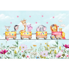 Kindertapete mit einem coolen Dampfzug, der durch einen Dschungel fährt, umgeben von Bäumen und exotischen Tieren.