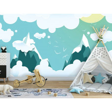 Eine Kindertapete mit hohen Berggipfeln und Wolken für das Babyzimmer und Jungenzimmer.