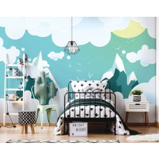 Eine Kindertapete mit hohen Berggipfeln und Wolken für das Babyzimmer und Kinderzimmer.