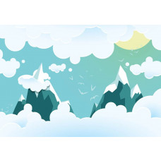 Kindertapete mit hohen Berggipfeln und Wolken, beruhigend und naturgetreu.