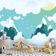 Eine Kindertapete mit hohen Berggipfeln und Wolken für das Kinderzimmer.