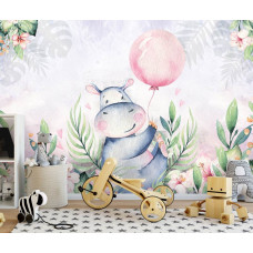 Eine Kinder-Tapete mit einem fröhlichen Nilpferd und Blumen für ein Babyzimmer und Kinderzimmer.