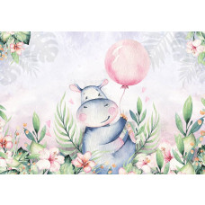 Kinder-Tapete mit einem Nilpferd und fröhlichen Blumen, geeignet für Babyzimmer.