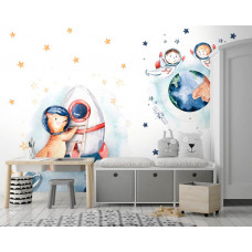 Eine Fototapete mit einer Weltraumrakete, Planeten und einem Sternenhimmel, speziell für ein Babyzimmer.