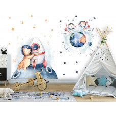 Eine Fototapete mit einer Weltraumrakete, Planeten und Sternen, speziell für ein Jungenzimmer.