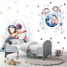 Eine Fototapete mit einer Weltraumrakete, Sternen und Planeten, ideal für ein Kinderzimmer.