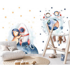 Eine Fototapete mit einer Weltraumrakete und einem bunten Sternenhimmel, perfekt für ein Mädchenzimmer.