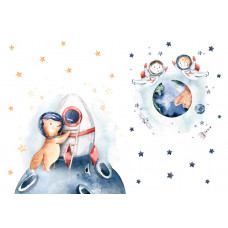 Eine Fototapete mit einer Galaxie und Planeten, auf der ein Astronaut in einer Weltraumrakete durch das Universum fliegt.