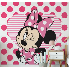 Eine Fototapete von Disneys Minnie Mouse in einer verspielten Umgebung, perfekt für das Kinderzimmer.