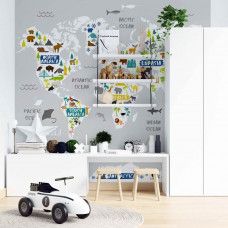 Eine Fototapete mit einer Weltkarte, geeignet für das Kinderzimmer.