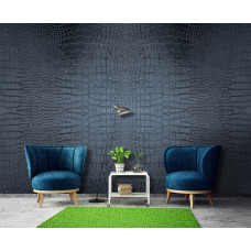 Ein Geschäftsraum mit einer Krokodil-Tapete mit der detaillierten Textur von Krokodilhaut in Anthrazit.