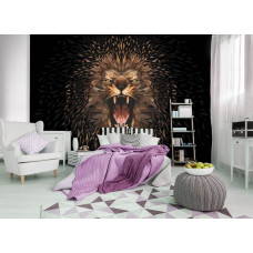 Eine Fototapete mit einem brüllenden Löwen in einem Gemälde für das Schlafzimmer.