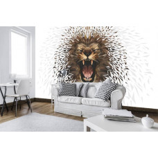 Eine weiße Fototapete mit einem künstlerischen Löwen im Malstil für das Wohnzimmer.