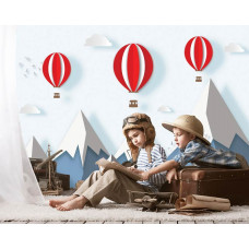 Eine Kindertapete mit Heißluftballons, Bergen und Schnee für ein Kinderzimmer und Jungenzimmer.