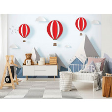 Eine Kindertapete mit Heißluftballons, Bergen und Schnee für ein Kinderzimmer und Jungenzimmer.