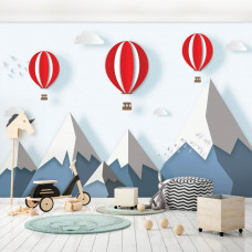 Eine Kindertapete mit Heißluftballons, Bergen und Schnee für ein Kinderzimmer und Spielzimmer.