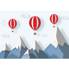 Heißluftballons Tapete mit Bergen und Schnee, fröhlich und bunt.